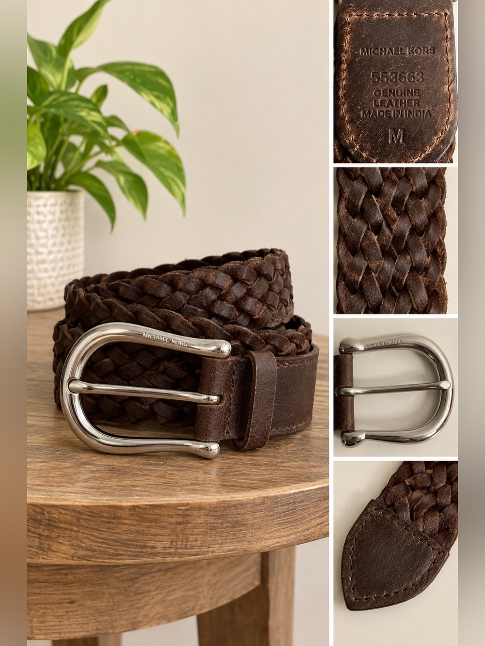 Michael Kors M Braided Belt Dark Brown Leather Western 2" Wide Silver Buckle